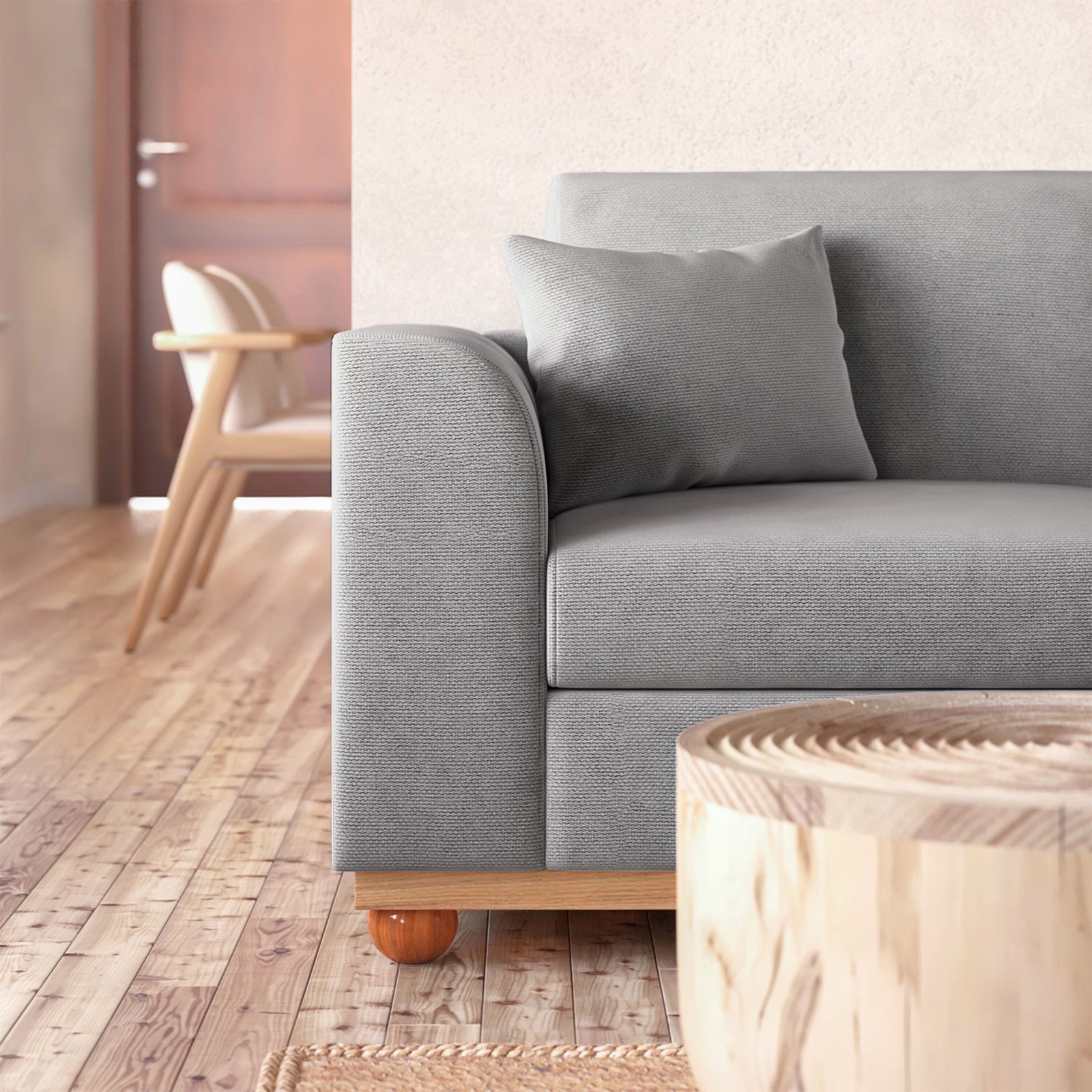 Close-up of the Laylah 3 Seater Hardwood Fabric Sofa With Right Chaise, showcasing the durable polyester linen upholstery, sturdy Eucalyptus frame, and removable cushions, emphasizing comfort and style for modern interiors.