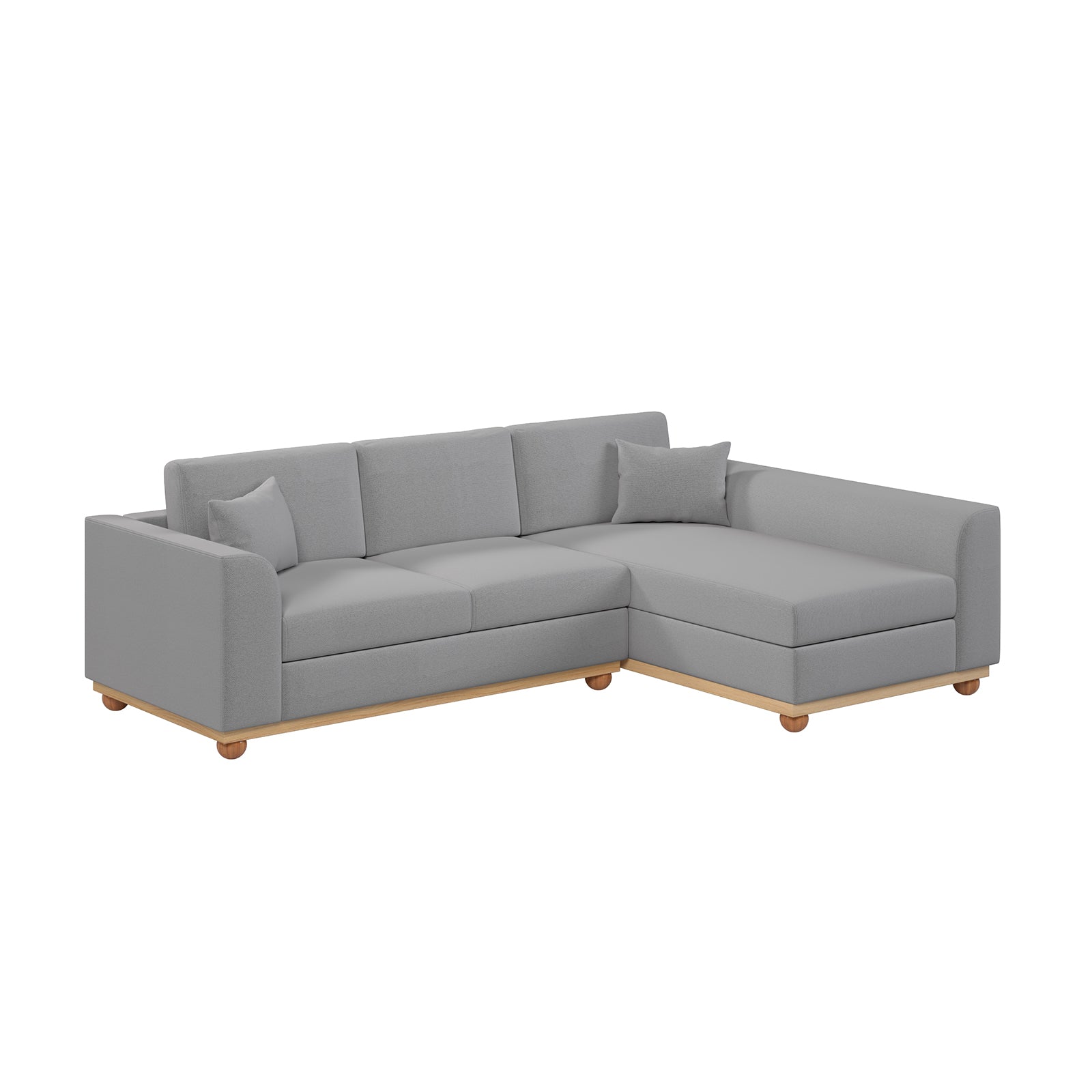 Laylah 3 Seater Hardwood Fabric Sofa With Right Chaise, highlighting its plush cushions and sturdy wood frame, emphasizing comfort and durability in modern design.
