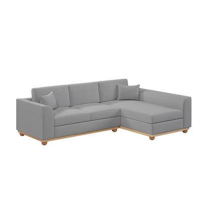 Laylah 3 Seater Hardwood Fabric Sofa With Right Chaise, highlighting its plush cushions and sturdy wood frame, emphasizing comfort and durability in modern design.