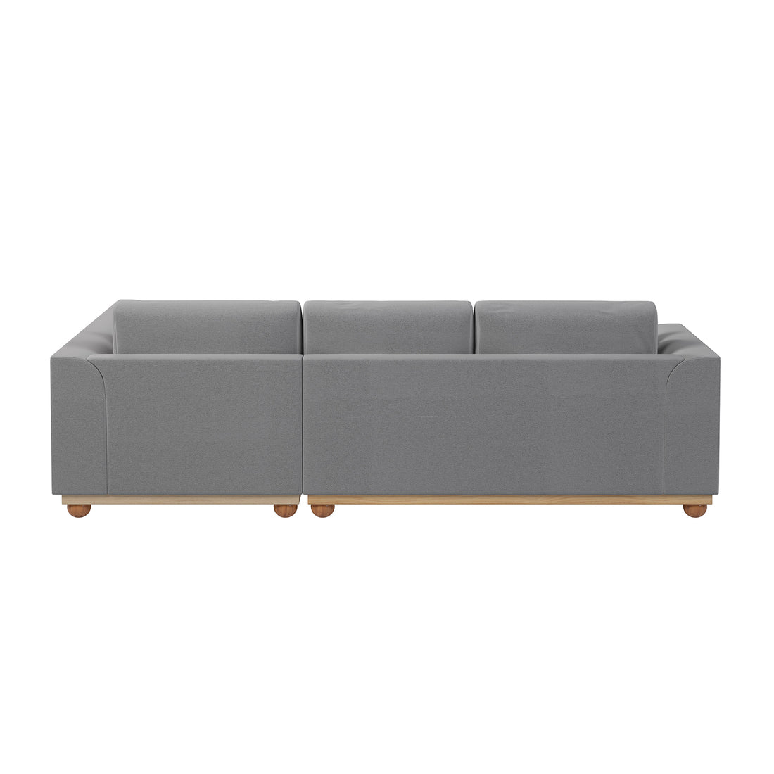 Laylah 3 Seater Hardwood Fabric Sofa with Right Chaise features a grey upholstery, wooden legs, and removable cushions, showcasing a contemporary design ideal for modern living spaces.
