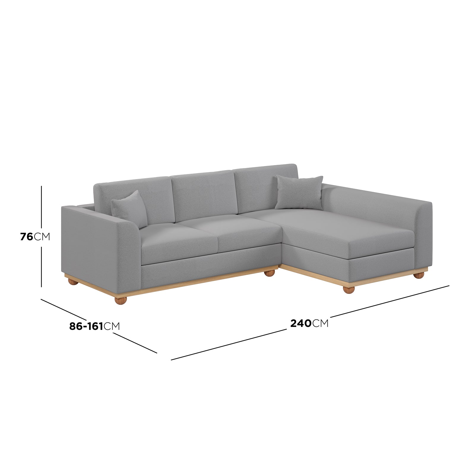 Laylah 3 Seater Hardwood Fabric Sofa With Right Chaise, featuring plush cushions, durable Eucalyptus wood frame, and rubber wood legs, highlighting its modern, stylish design and comfortable seating.