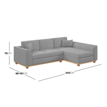 Laylah 3 Seater Hardwood Fabric Sofa With Right Chaise, featuring plush cushions, durable Eucalyptus wood frame, and rubber wood legs, highlighting its modern, stylish design and comfortable seating.