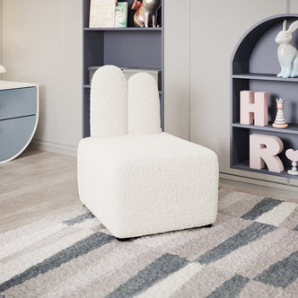 Lenore Boucle Plush Bunny Cushioned Kids Chair Cream White featuring a whimsical bunny-shaped backrest, soft boucle fabric, and plush foam padding, designed for comfort and playful charm in children's spaces.