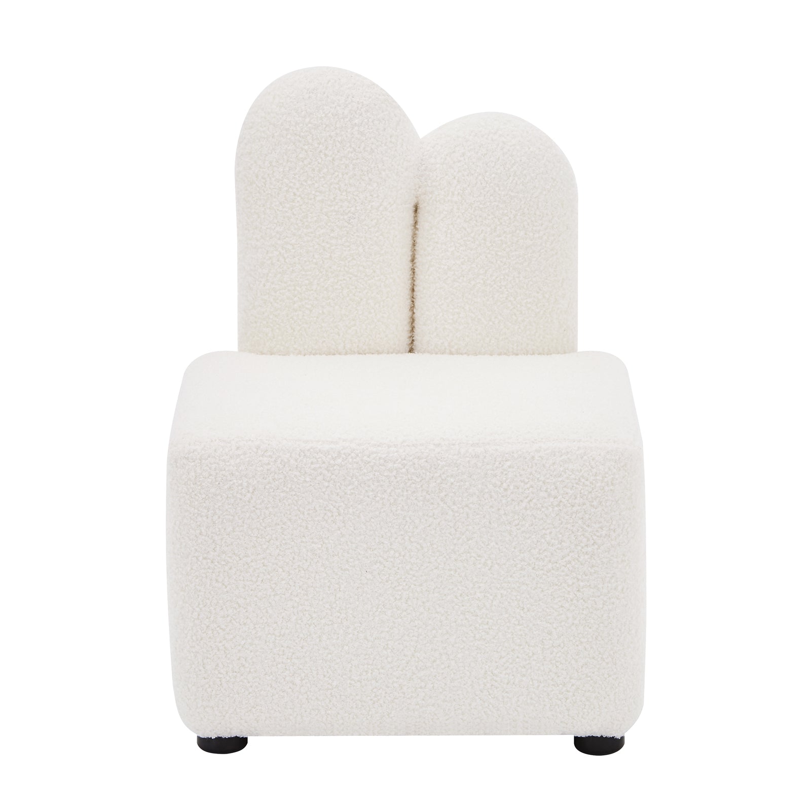 Lenore Boucle Plush Bunny Cushioned Kids Chair featuring a whimsical bunny-shaped backrest, plush foam padding, and soft boucle fabric, designed for comfort and play in children's spaces.