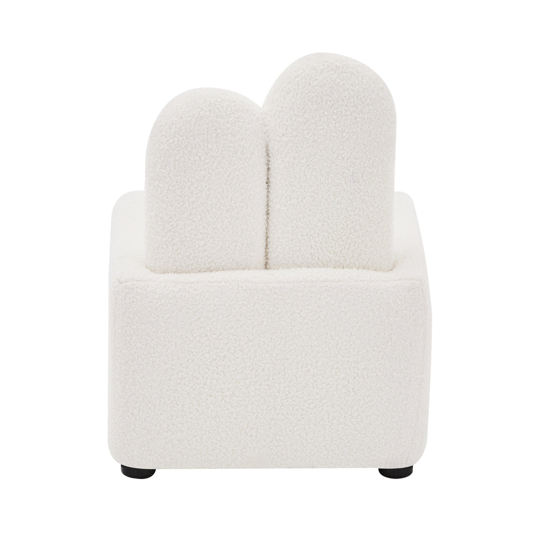 Lenore Boucle Plush Bunny Cushioned Kids Chair Cream White features a close-up of soft boucle fabric, plush foam padding, and a whimsical bunny-shaped backrest, highlighting its cozy and playful design.