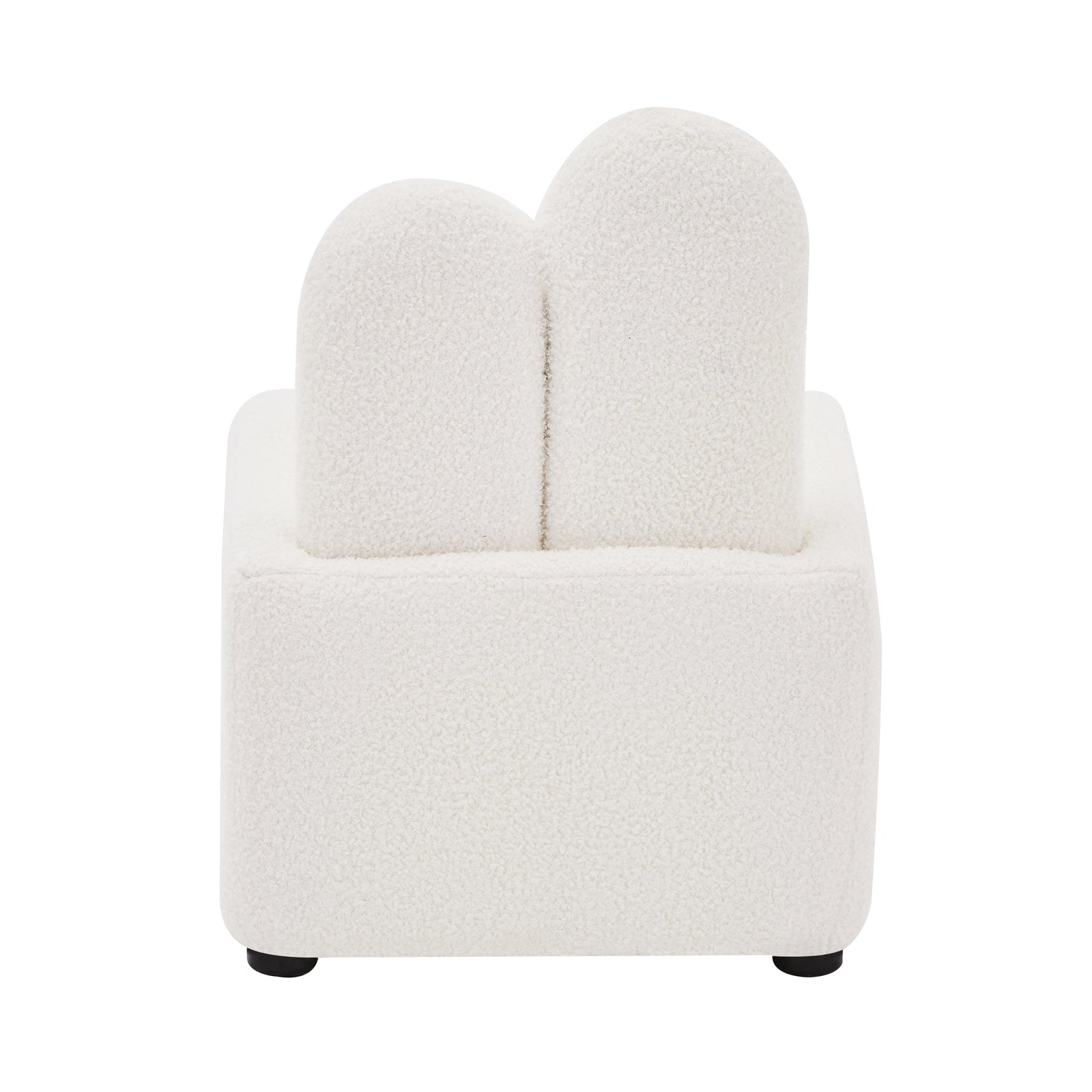 Lenore Boucle Plush Bunny Cushioned Kids Chair Cream White features a close-up of soft boucle fabric, plush foam padding, and a whimsical bunny-shaped backrest, highlighting its cozy and playful design.