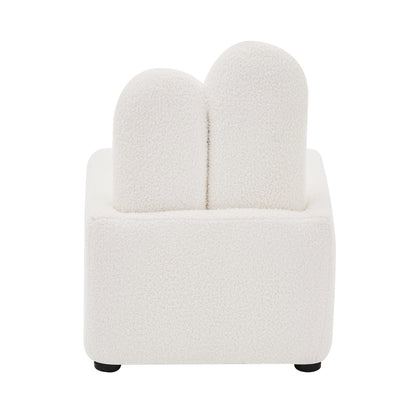 Lenore Boucle Plush Bunny Cushioned Kids Chair Cream White features a close-up of soft boucle fabric, plush foam padding, and a whimsical bunny-shaped backrest, highlighting its cozy and playful design.