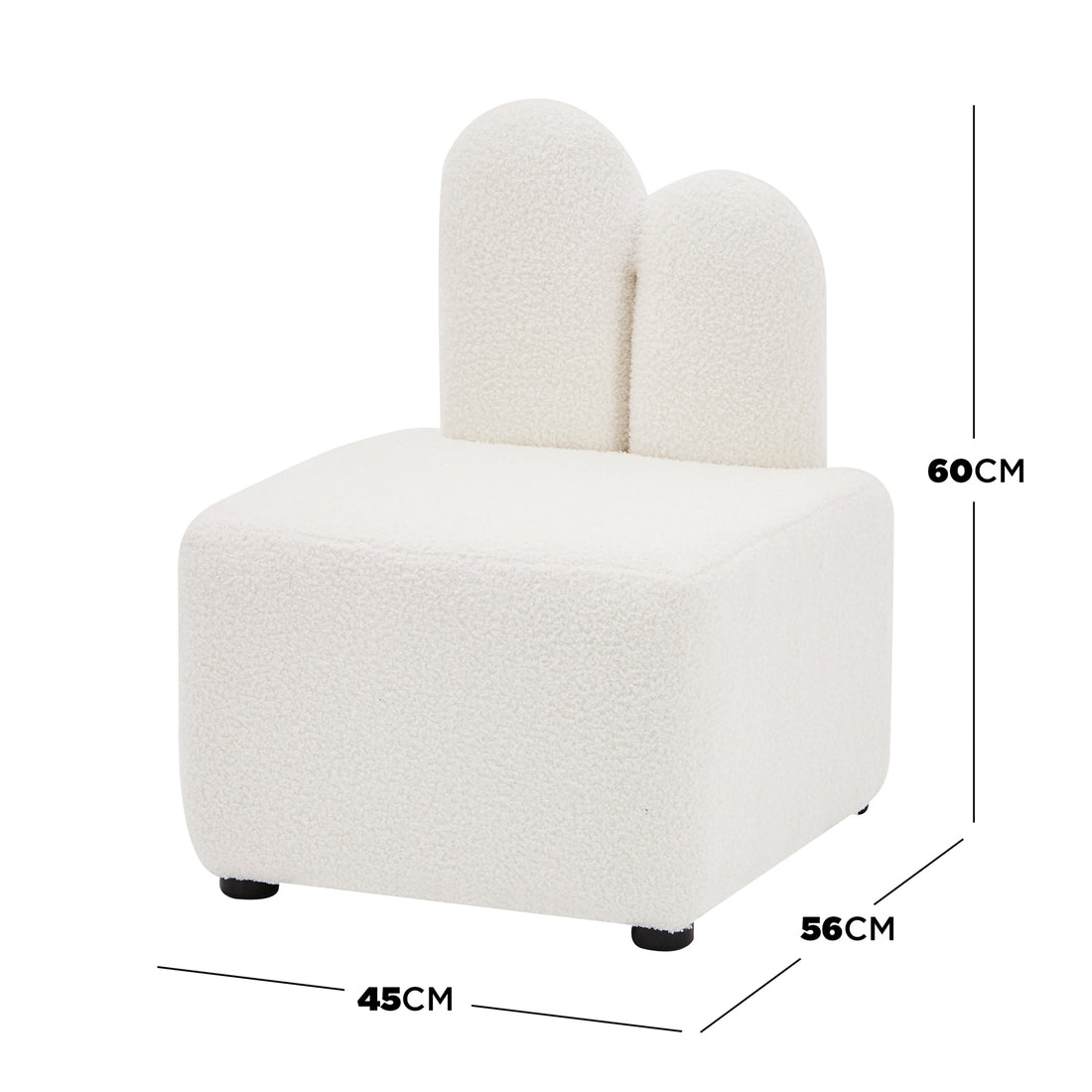 Lenore Boucle Plush Bunny Cushioned Kids Chair Cream White features a whimsical bunny-shaped backrest with two ears, crafted from soft boucle fabric, providing a playful and cozy seating option for children.