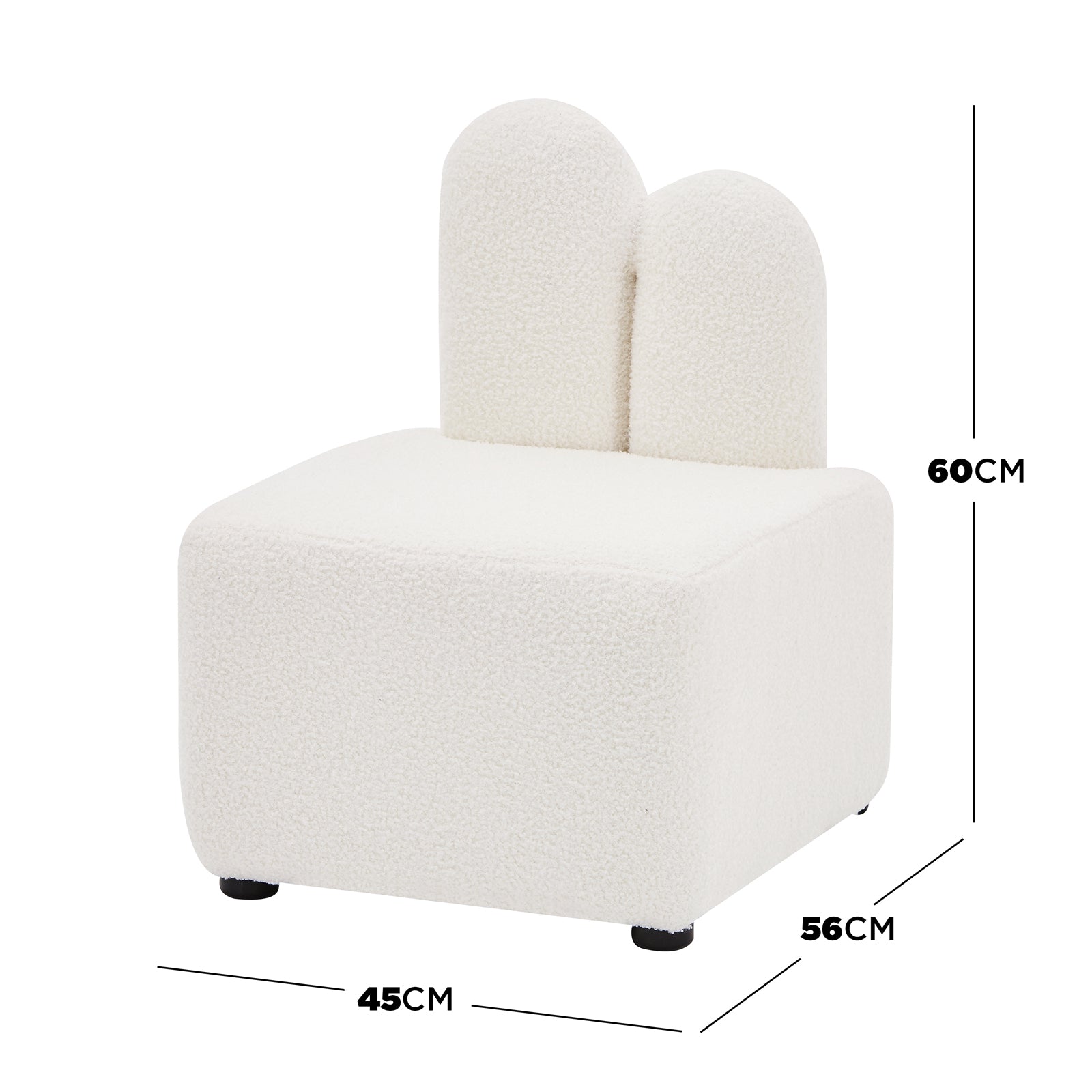 Lenore Boucle Plush Bunny Cushioned Kids Chair Cream White features a whimsical bunny-shaped backrest with two ears, crafted from soft boucle fabric, providing a playful and cozy seating option for children.