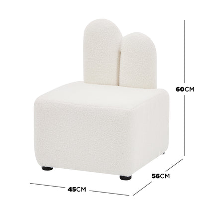 Lenore Boucle Plush Bunny Cushioned Kids Chair Cream White features a whimsical bunny-shaped backrest with two ears, crafted from soft boucle fabric, providing a playful and cozy seating option for children.