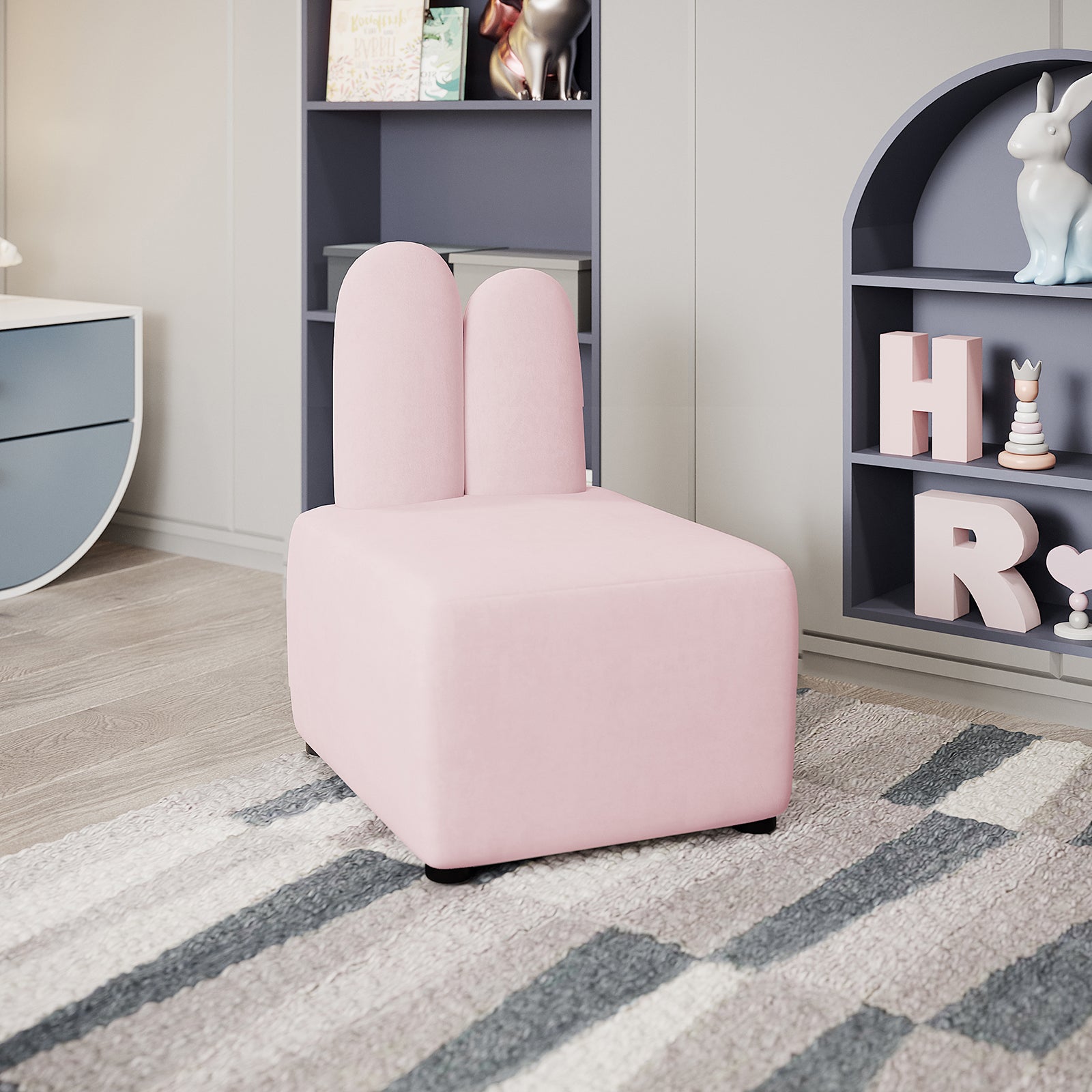 Lenore Velvet Plush Bunny Cushioned Kids Chair with bunny ears, featuring a plush velvet fabric and a whimsical design, perfect for adding charm and comfort to a child's room.