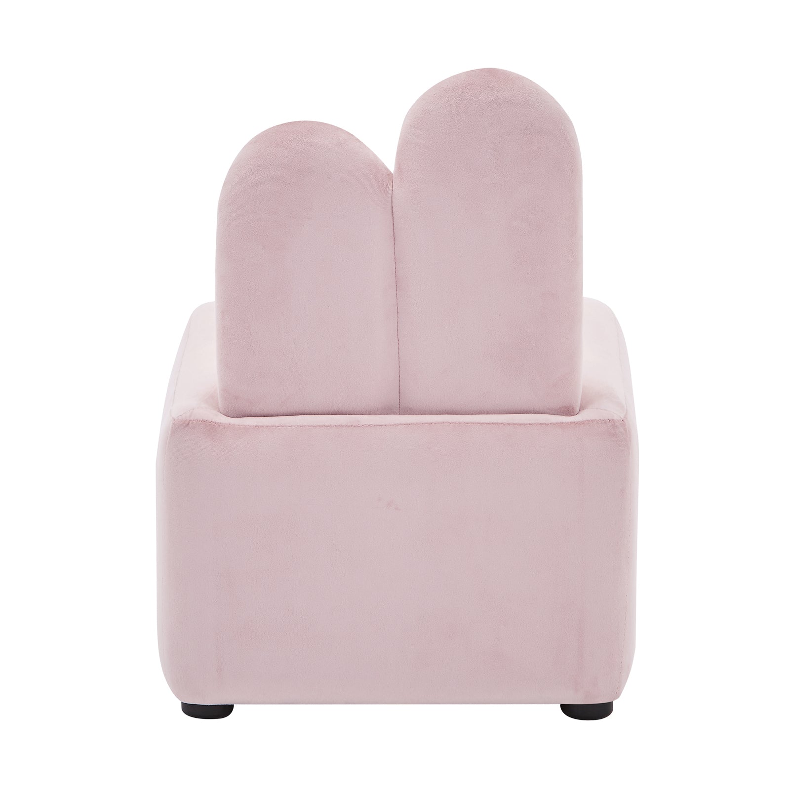 Lenore Velvet Plush Bunny Cushioned Kids Chair features a light pink, velvet texture with adorable bunny ears as a backrest, offering a whimsical and plush seating option for children.