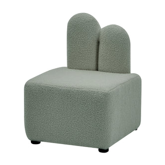 Close-up of the Lenore Boucle Plush Bunny Cushioned Kids Chair Mint Green, showcasing its whimsical bunny-shaped backrest and plush foam padding, designed with soft boucle fabric for comfort and style.
