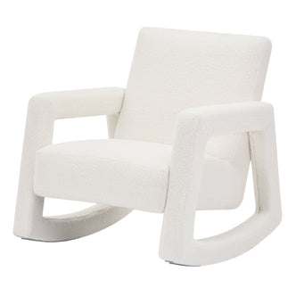 Ligeia Boucle Padded Rocking Chair in Cream White features a low-slung, modern design with soft boucle upholstery, wide armrests, and a gently curved base for smooth rocking.