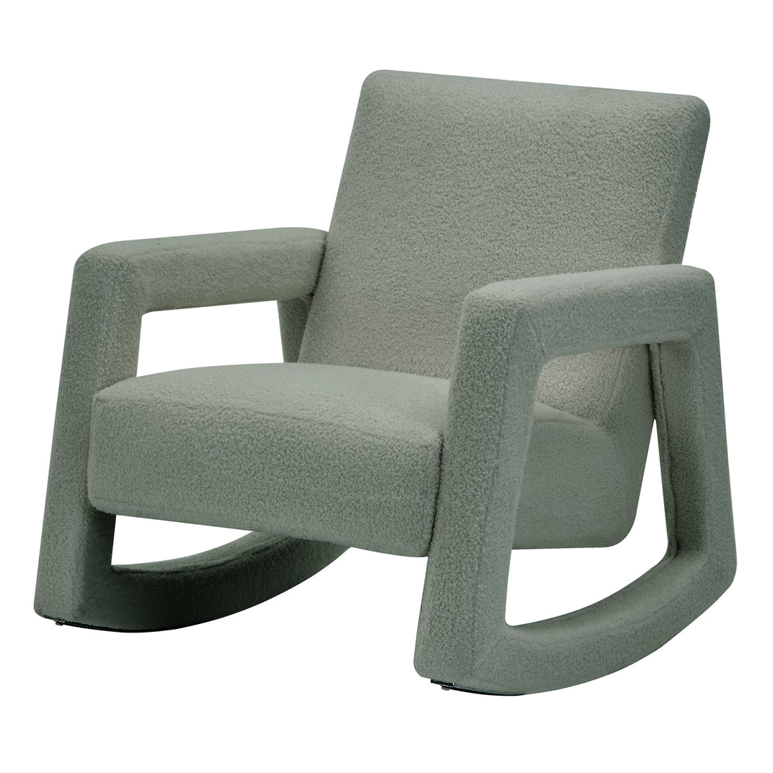 Ligeia Boucle Padded Rocking Chair in Mint Green, featuring a modern silhouette with wide, angular armrests and curved rockers. Upholstered in textured bouclé fabric, offering both comfort and style.