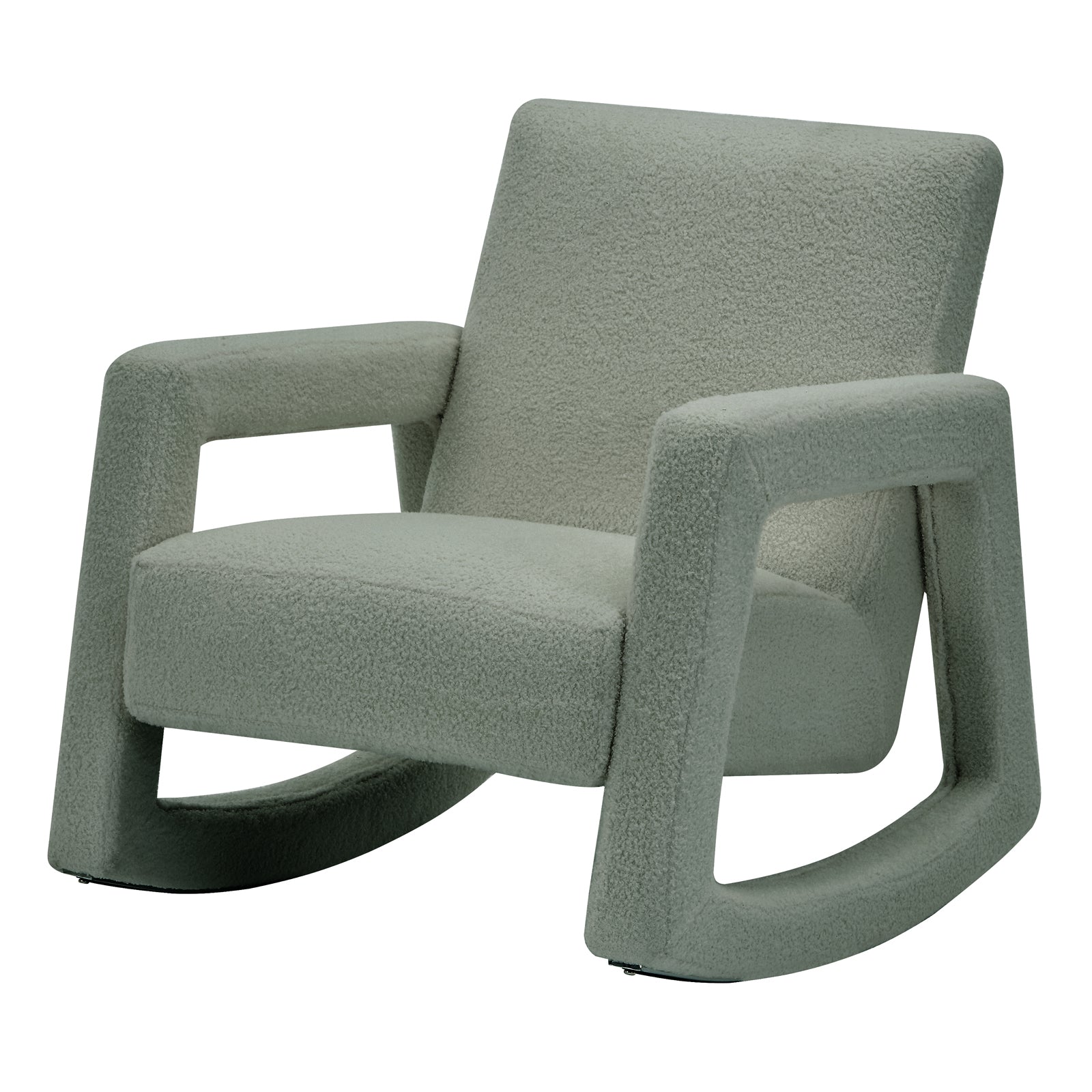 Ligeia Boucle Padded Rocking Chair in Mint Green, featuring a modern silhouette with wide, angular armrests and curved rockers. Upholstered in textured bouclé fabric, offering both comfort and style.