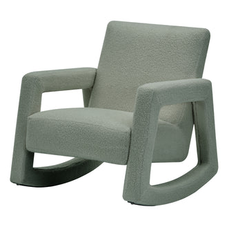 Ligeia Boucle Padded Rocking Chair in Mint Green, featuring a modern silhouette with wide, angular armrests and curved rockers. Upholstered in textured bouclé fabric, offering both comfort and style.