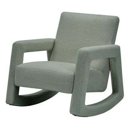 Ligeia Boucle Padded Rocking Chair in Mint Green, featuring a modern silhouette with wide, angular armrests and curved rockers. Upholstered in textured bouclé fabric, offering both comfort and style.