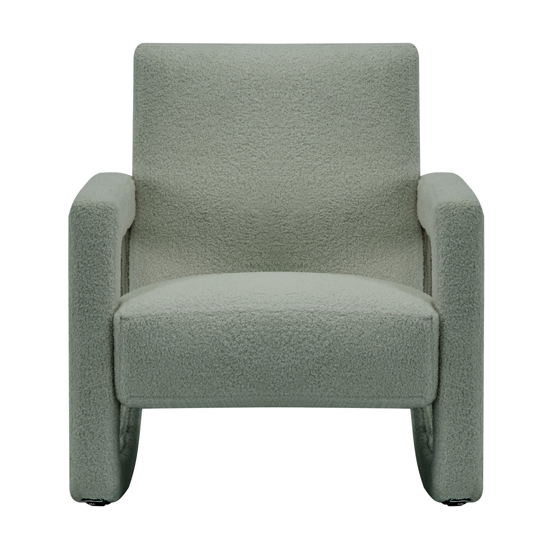 Ligeia Boucle Padded Rocking Chair in Mint Green with a boxy, modern silhouette, low back, padded seat, squared armrests, and trapezoid-shaped rocking legs for soothing motion.