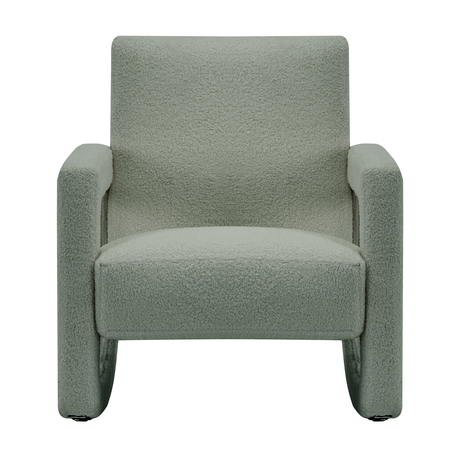 Ligeia Boucle Padded Rocking Chair in Mint Green with a boxy, modern silhouette, low back, padded seat, squared armrests, and trapezoid-shaped rocking legs for soothing motion.
