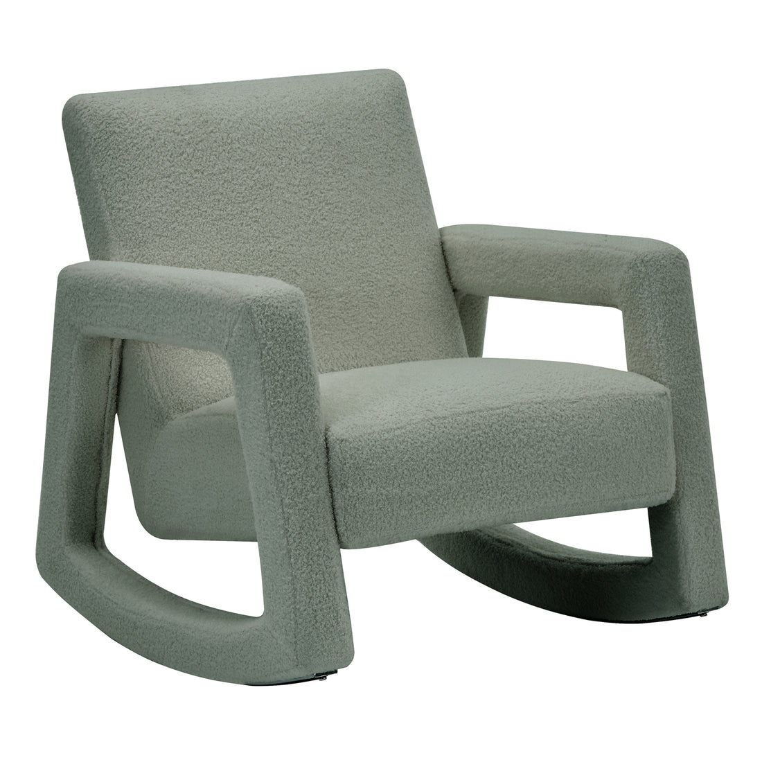 Ligeia Boucle Padded Rocking Chair in Mint Green, featuring a low-slung design with squared armrests and integrated curved rockers, upholstered in soft bouclé fabric for a cozy, contemporary look.