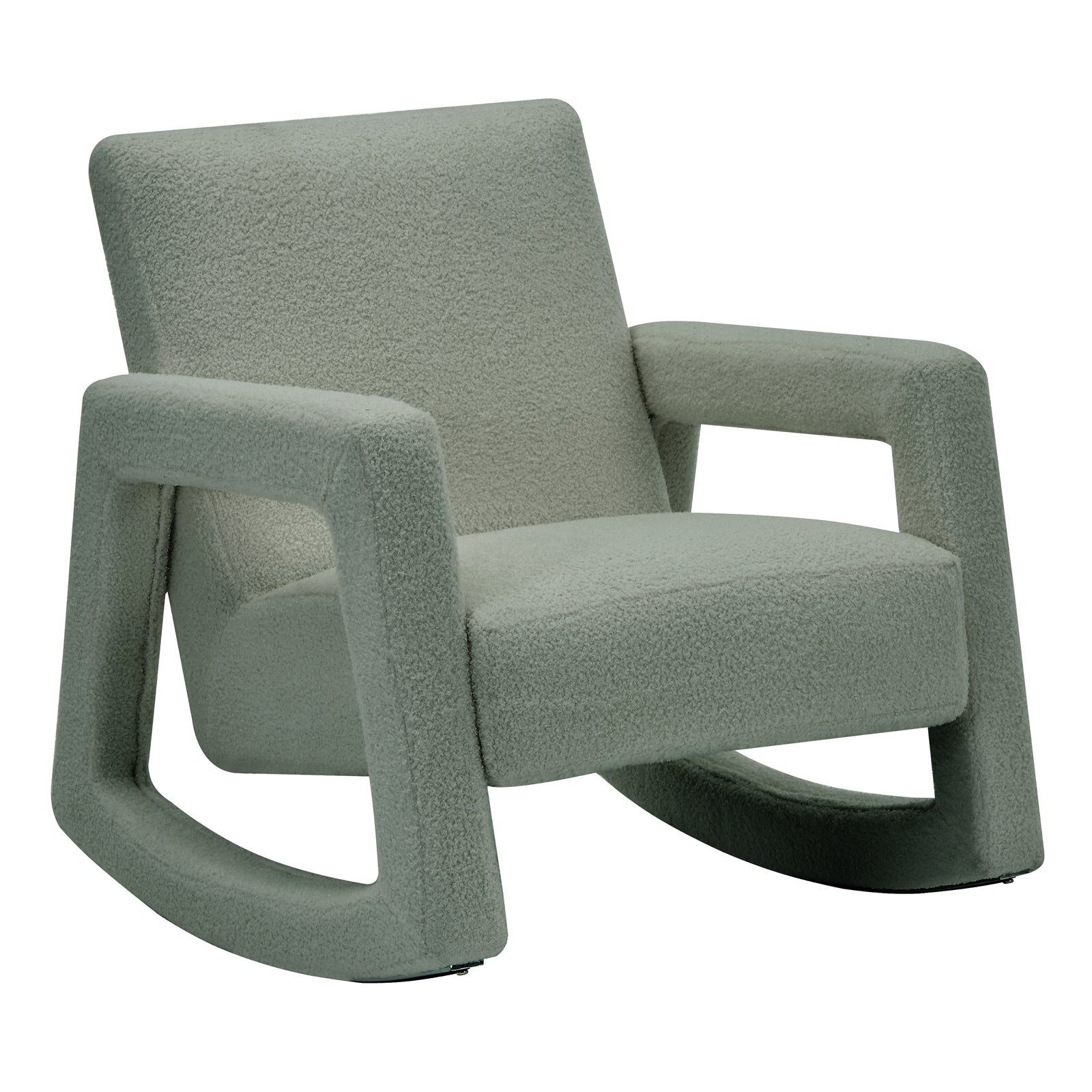 Ligeia Boucle Padded Rocking Chair in Mint Green, featuring a low-slung design with squared armrests and integrated curved rockers, upholstered in soft bouclé fabric for a cozy, contemporary look.