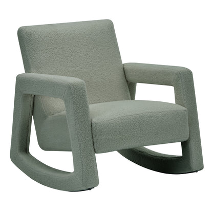 Ligeia Boucle Padded Rocking Chair in Mint Green, featuring a low-slung design with squared armrests and integrated curved rockers, upholstered in soft bouclé fabric for a cozy, contemporary look.