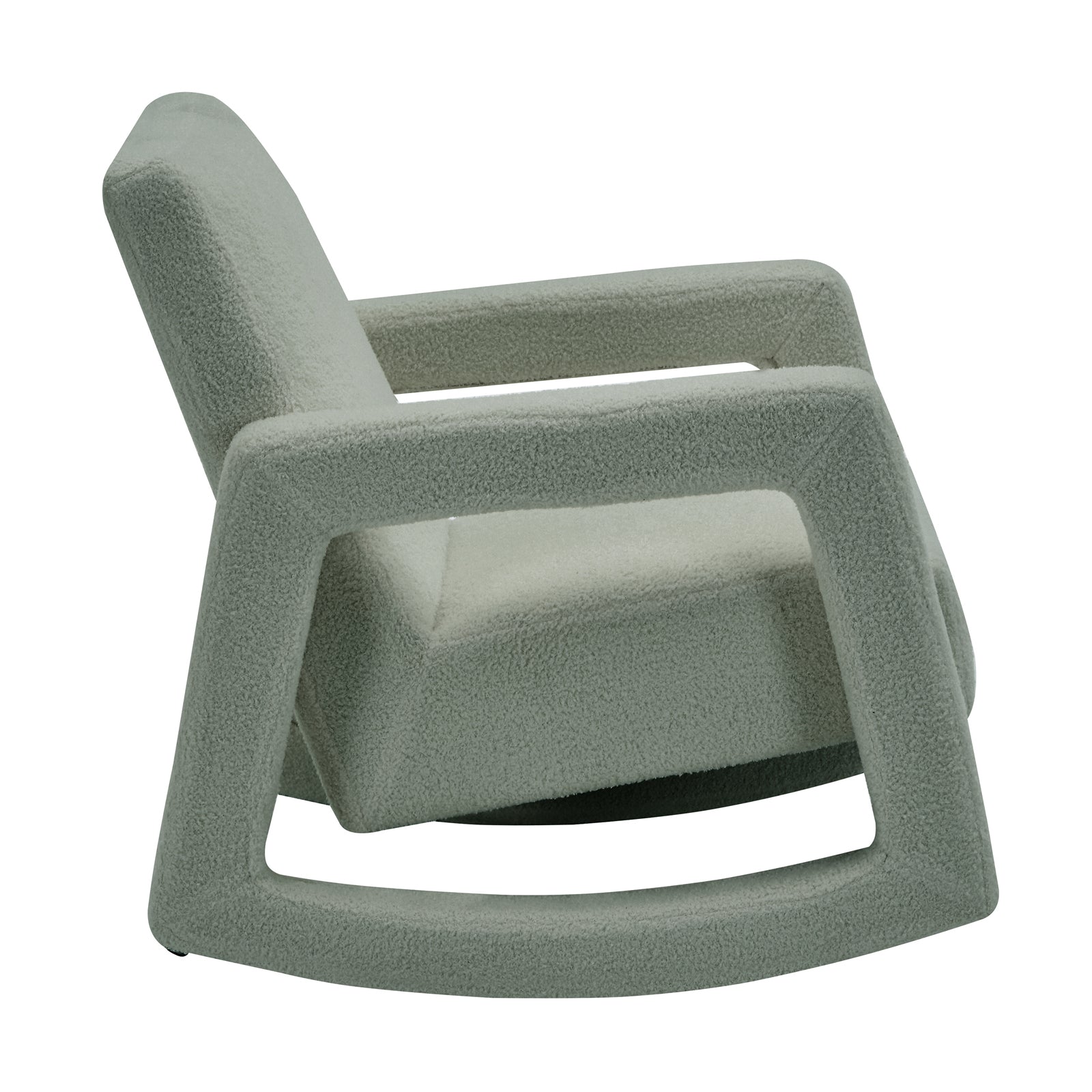 Ligeia Boucle Padded Rocking Chair in Mint Green features a geometric silhouette with continuous curved rockers, upholstered in soft boucle fabric, offering modern style and comfort for any space.