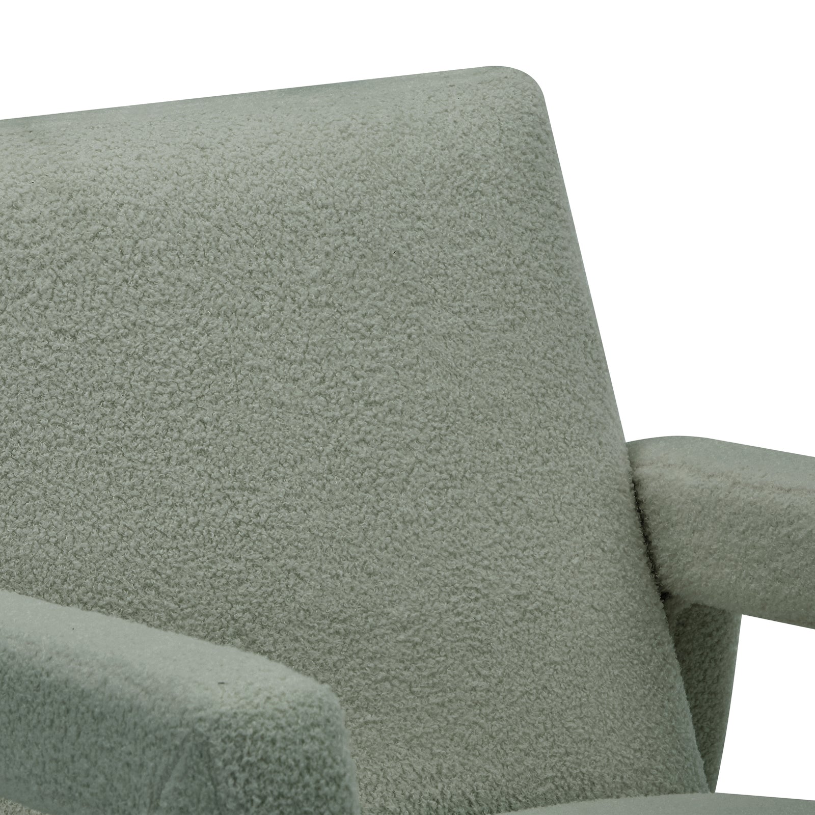 Ligeia Boucle Padded Rocking Chair in Mint Green, showcasing its textured bouclé fabric and cushioned armrest. The close-up highlights its plush design and inviting comfort.