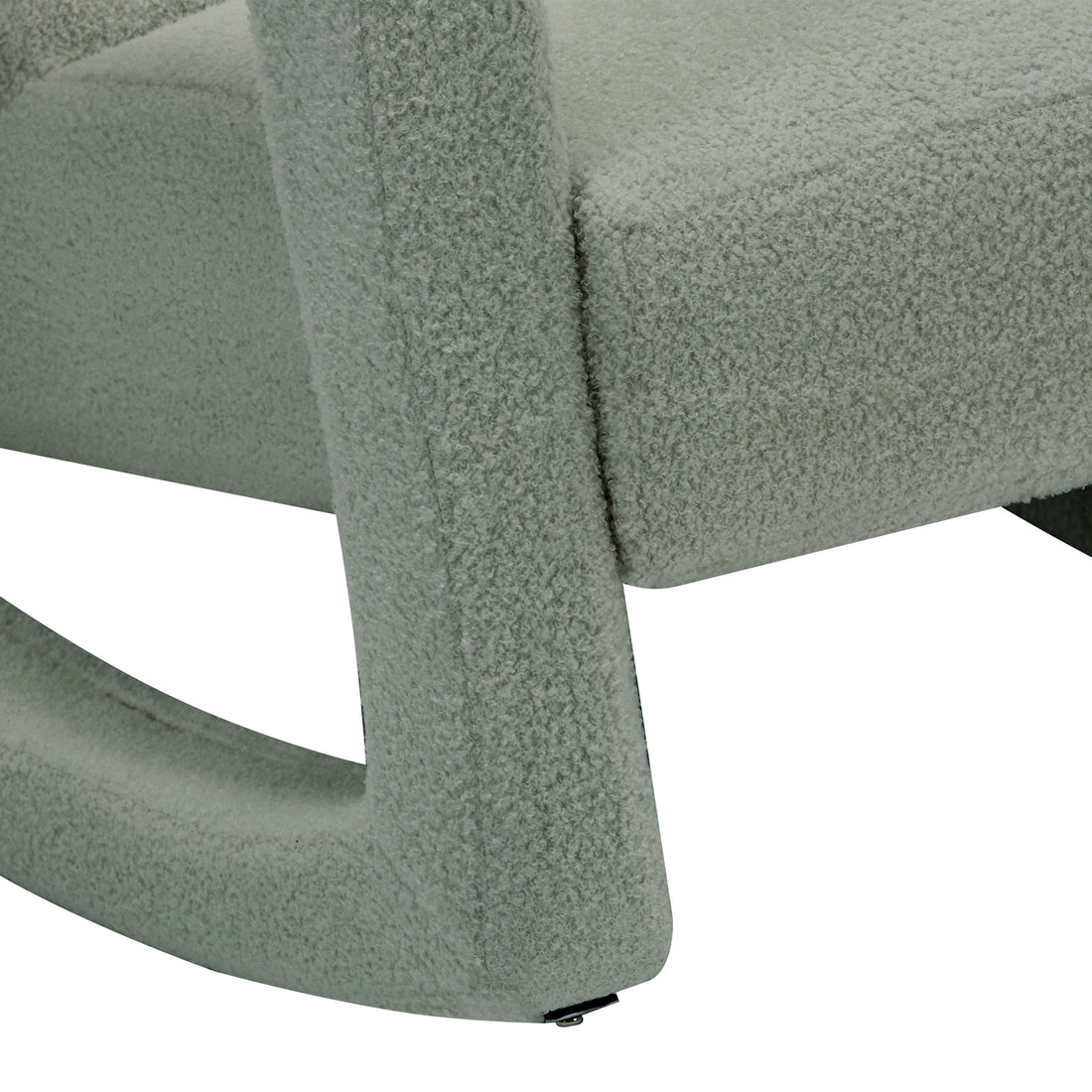 Ligeia Boucle Padded Rocking Chair in Mint Green, featuring close-up of the curved rocker legs and seat base, fully upholstered in plush light-gray boucle fabric, highlighting craftsmanship and comfort.