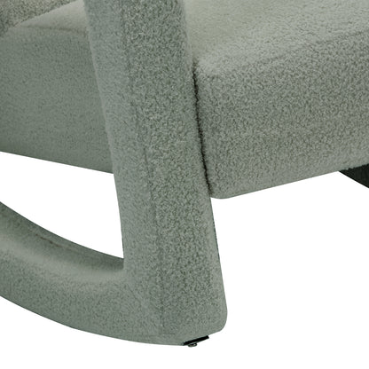 Ligeia Boucle Padded Rocking Chair in Mint Green, featuring close-up of the curved rocker legs and seat base, fully upholstered in plush light-gray boucle fabric, highlighting craftsmanship and comfort.