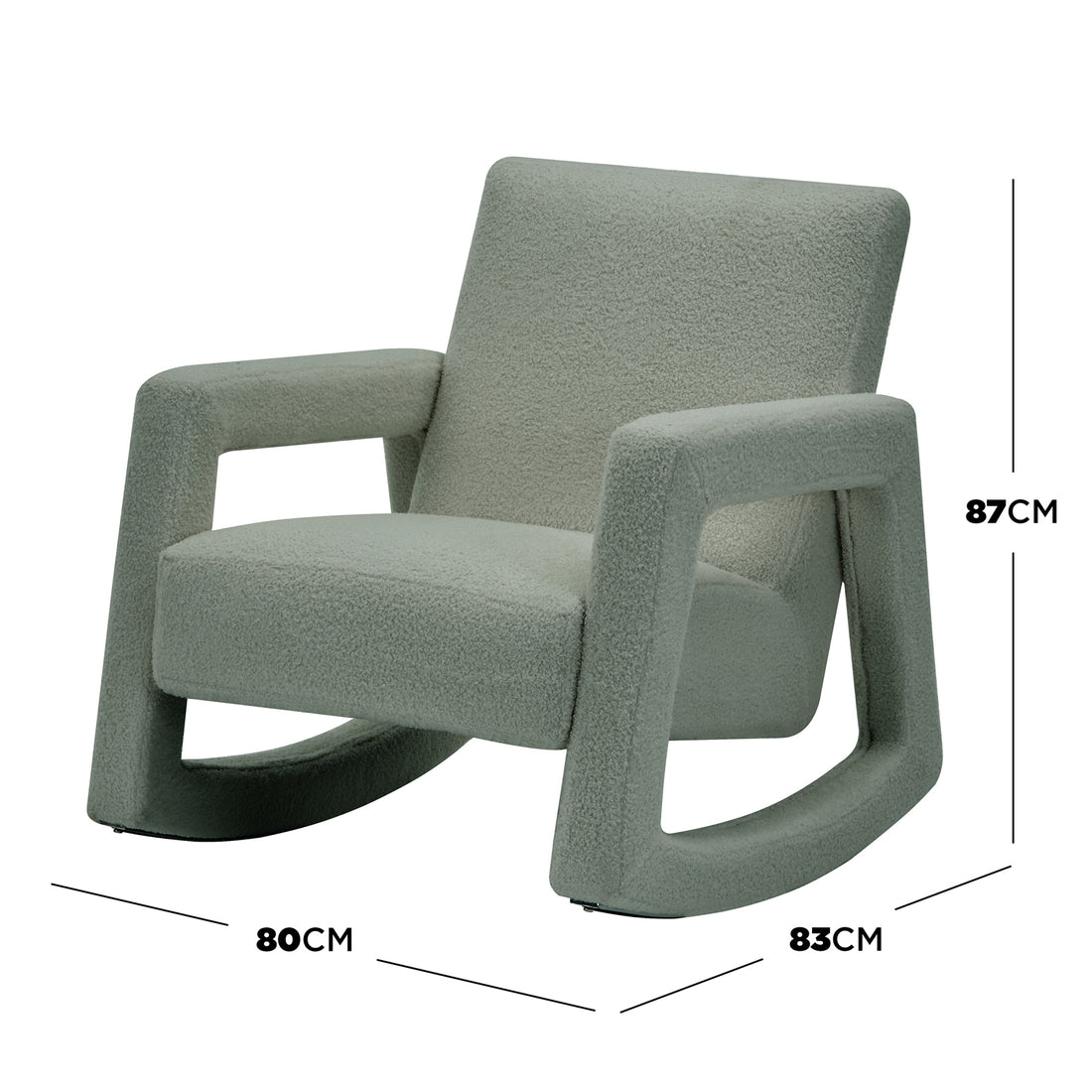 Ligeia Boucle Padded Rocking Chair in Mint Green, featuring squared-off armrests, a gently curved rocker base, and upholstered in plush bouclé fabric, offering modern style and comfort.