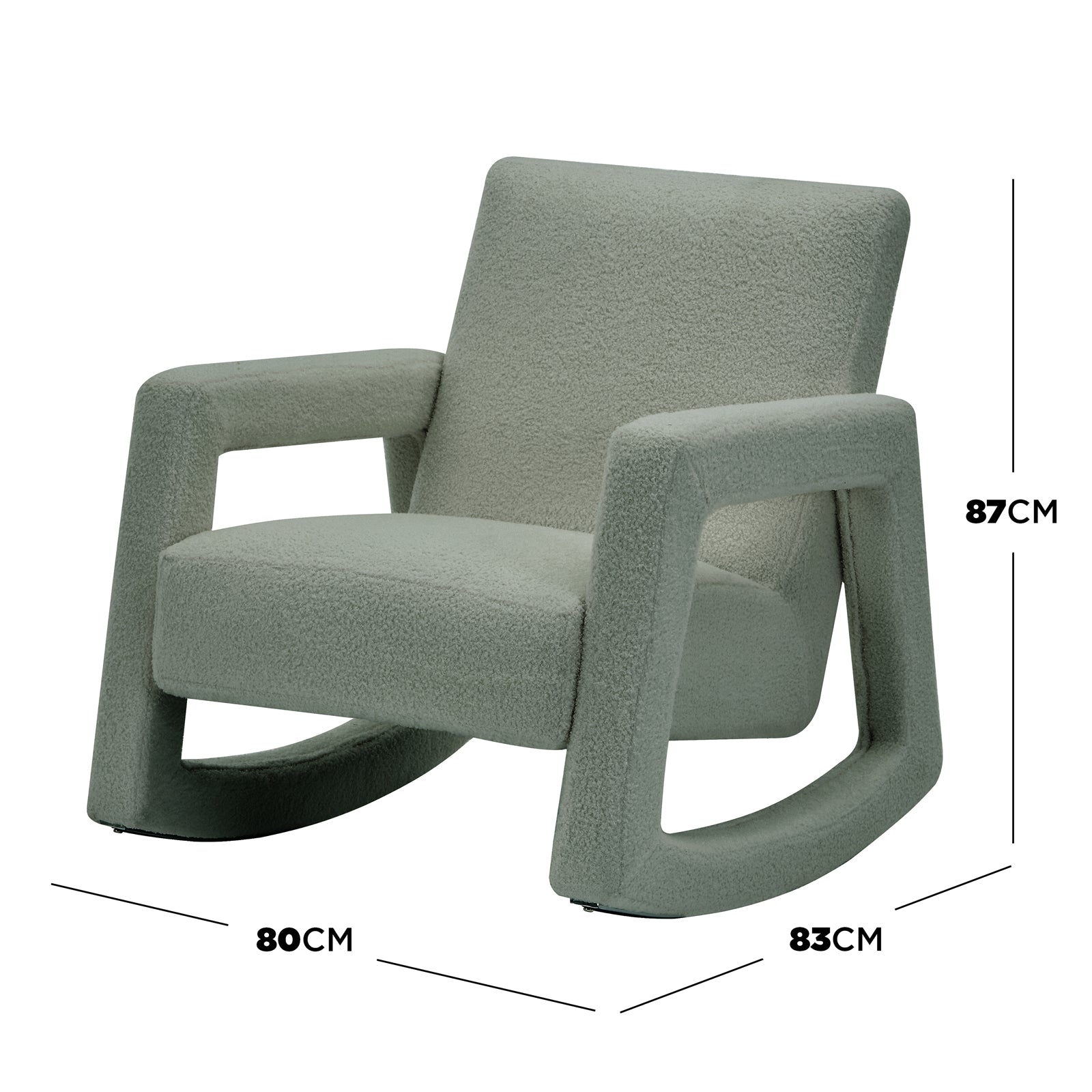 Ligeia Boucle Padded Rocking Chair in Mint Green, featuring squared-off armrests, a gently curved rocker base, and upholstered in plush bouclé fabric, offering modern style and comfort.
