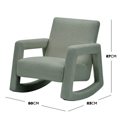 Ligeia Boucle Padded Rocking Chair in Mint Green, featuring squared-off armrests, a gently curved rocker base, and upholstered in plush bouclé fabric, offering modern style and comfort.