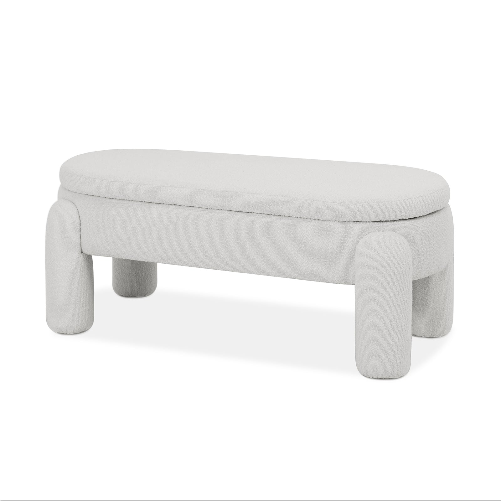 Lonea Bouclé Upholstered Bench w/ Storage Eggshell White, featuring soft boucle fabric and a hidden storage compartment, designed with a sturdy wood frame for modern living spaces.