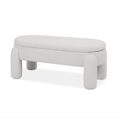 Lonea Bouclé Upholstered Bench w/ Storage Eggshell White, featuring soft boucle fabric and a hidden storage compartment, designed with a sturdy wood frame for modern living spaces.