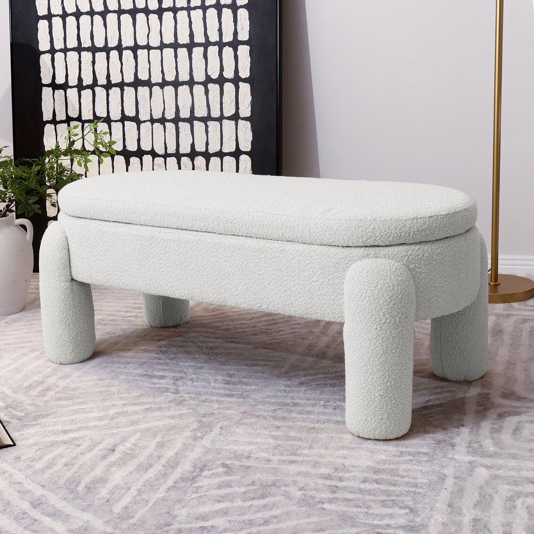 Lonea Bouclé Upholstered Bench w/ Storage features luxurious boucle fabric, a solid wood frame, and a hidden compartment. Designed for comfort and style, it enhances any modern space.