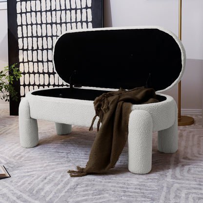 Close-up of the Lonea Bouclé Upholstered Bench w/ Storage, highlighting its soft, textured boucle fabric and plush foam padding, designed for comfort and functional storage in modern interiors.
