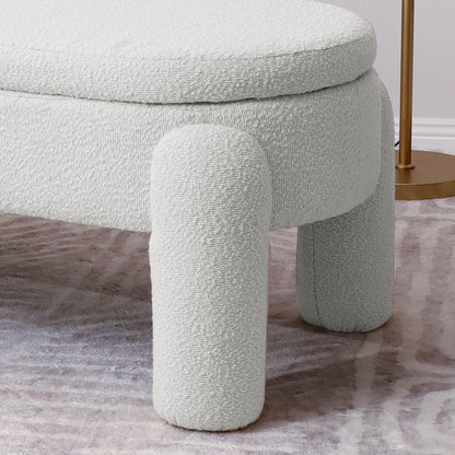 Lonea Bouclé Upholstered Bench w/ Storage Eggshell White, showcasing its luxurious boucle fabric, solid wood frame, and plush foam padding. The bench features a sleek design with smart, hidden storage for tidy organization.