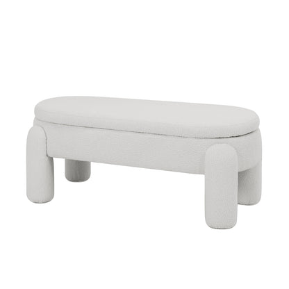 Lonea Bouclé Upholstered Bench w/ Storage Eggshell White; features soft boucle fabric, solid wood frame, and hidden compartment, ideal for modern decor and functional seating.