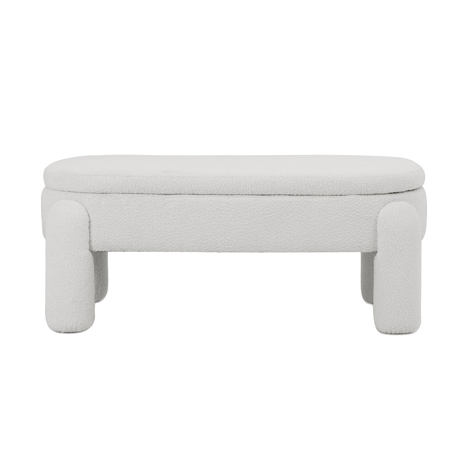 Lonea Bouclé Upholstered Bench w/ Storage Eggshell White showcasing a plush boucle fabric surface, sturdy wooden legs, and a sleek design with a hidden compartment for smart storage.