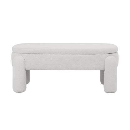 Lonea Bouclé Upholstered Bench w/ Storage Eggshell White showcasing a plush boucle fabric surface, sturdy wooden legs, and a sleek design with a hidden compartment for smart storage.