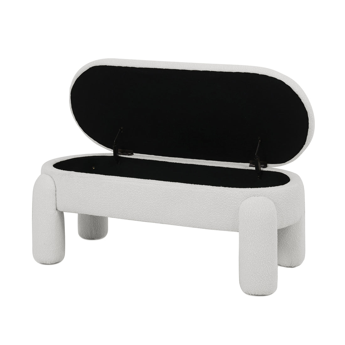 Lonea Bouclé Upholstered Bench with Storage, showcasing a sleek design with plush padding, solid wood frame, and boucle fabric, highlighting its hidden storage feature, perfect for modern interiors.