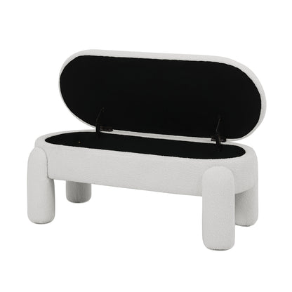 Lonea Bouclé Upholstered Bench with Storage, showcasing a sleek design with plush padding, solid wood frame, and boucle fabric, highlighting its hidden storage feature, perfect for modern interiors.