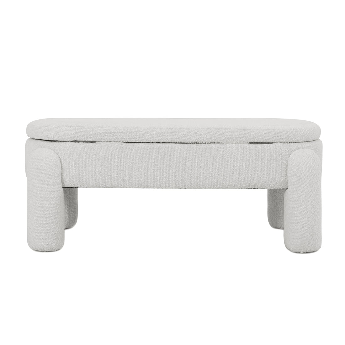 Lonea Bouclé Upholstered Bench with Storage in eggshell white, featuring soft boucle fabric, hidden storage, and a sturdy wood frame, ideal for modern interiors.