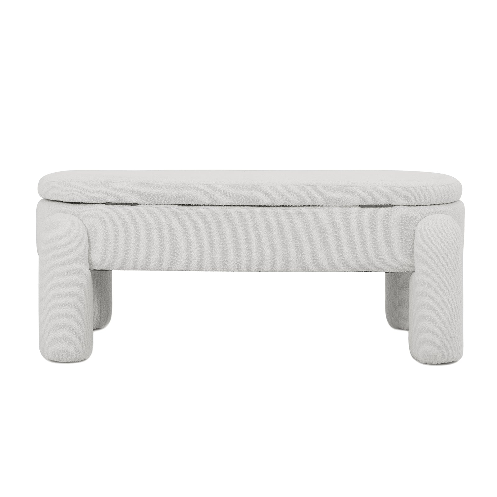 Lonea Bouclé Upholstered Bench with Storage in eggshell white, featuring soft boucle fabric, hidden storage, and a sturdy wood frame, ideal for modern interiors.