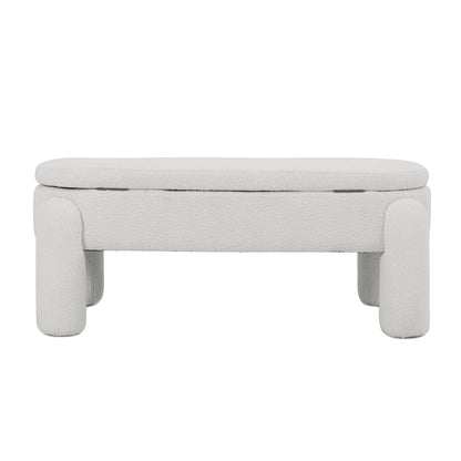 Lonea Bouclé Upholstered Bench with Storage in eggshell white, featuring soft boucle fabric, hidden storage, and a sturdy wood frame, ideal for modern interiors.