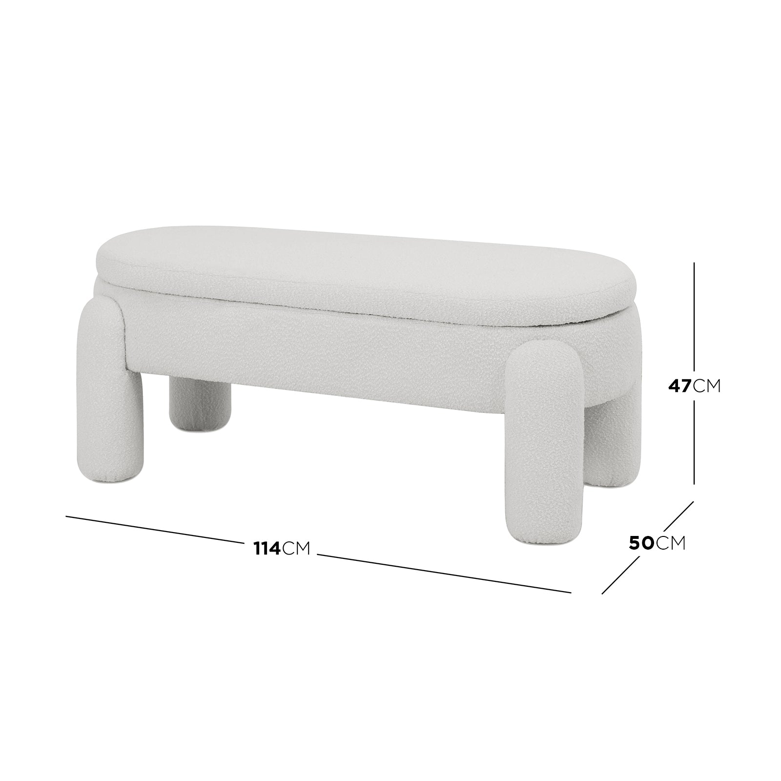 Lonea Bouclé Upholstered Bench with Storage Eggshell White, featuring soft boucle fabric, a solid wood frame, and plush padding, offering a stylish seating option with a hidden storage compartment.