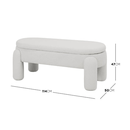 Lonea Bouclé Upholstered Bench with Storage Eggshell White, featuring soft boucle fabric, a solid wood frame, and plush padding, offering a stylish seating option with a hidden storage compartment.