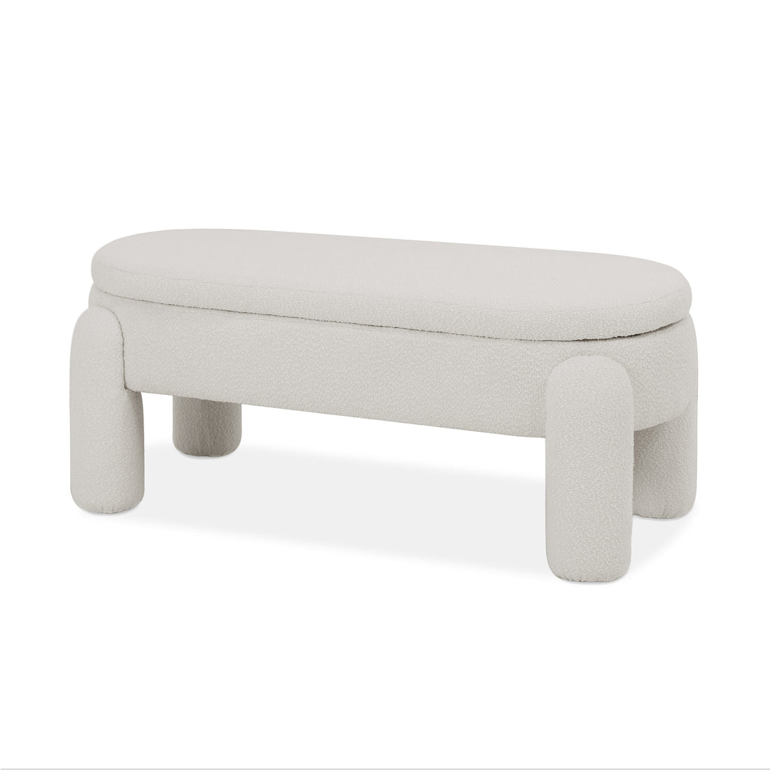 Lonea Bouclé Upholstered Bench with Storage Light Beige featuring soft boucle fabric, cushioned seating, and a solid wood frame. The bench includes a hidden compartment, showcasing its functional design.